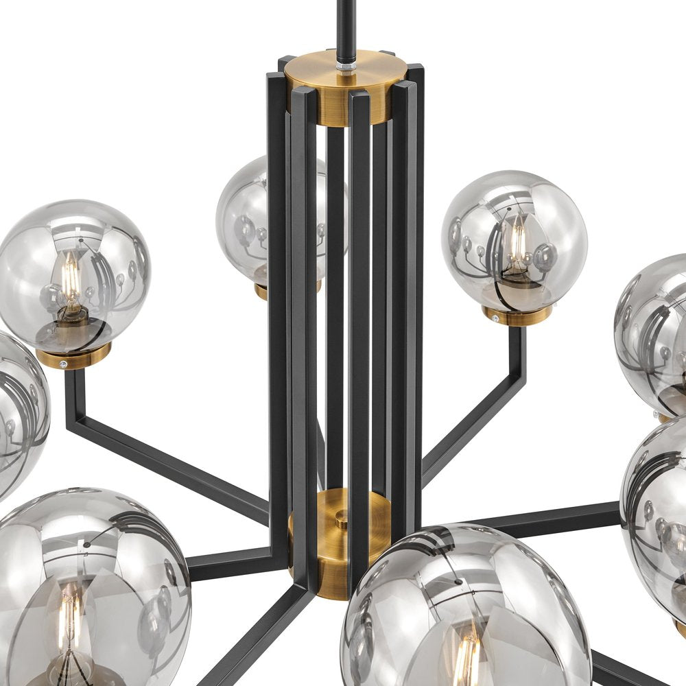 Black Gold And Clear Eight Light Transparent Metal Edison Bulb Dimmable Chandelier With Black And Gold Shades