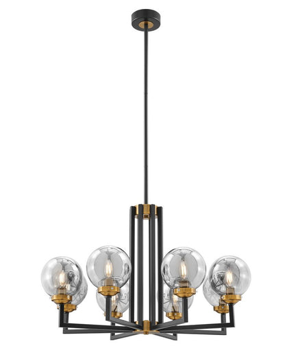 Black Gold And Clear Eight Light Transparent Metal Edison Bulb Dimmable Chandelier With Black And Gold Shades