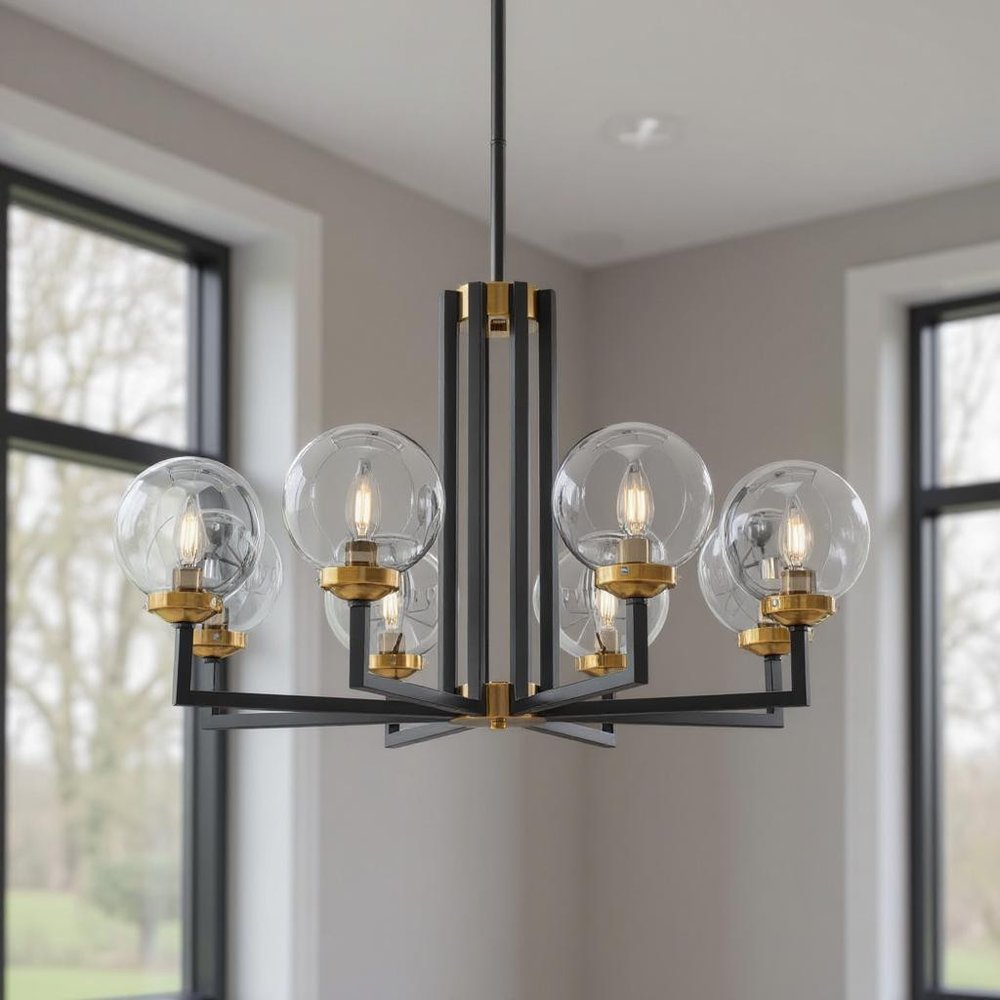 Black Gold And Clear Eight Light Transparent Metal Edison Bulb Dimmable Chandelier With Black And Gold Shades