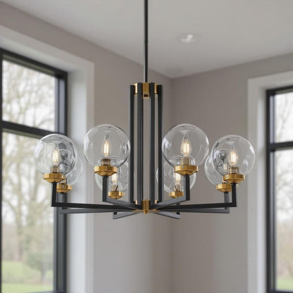 Black Gold And Clear Eight Light Transparent Metal Edison Bulb Dimmable Chandelier With Black And Gold Shades
