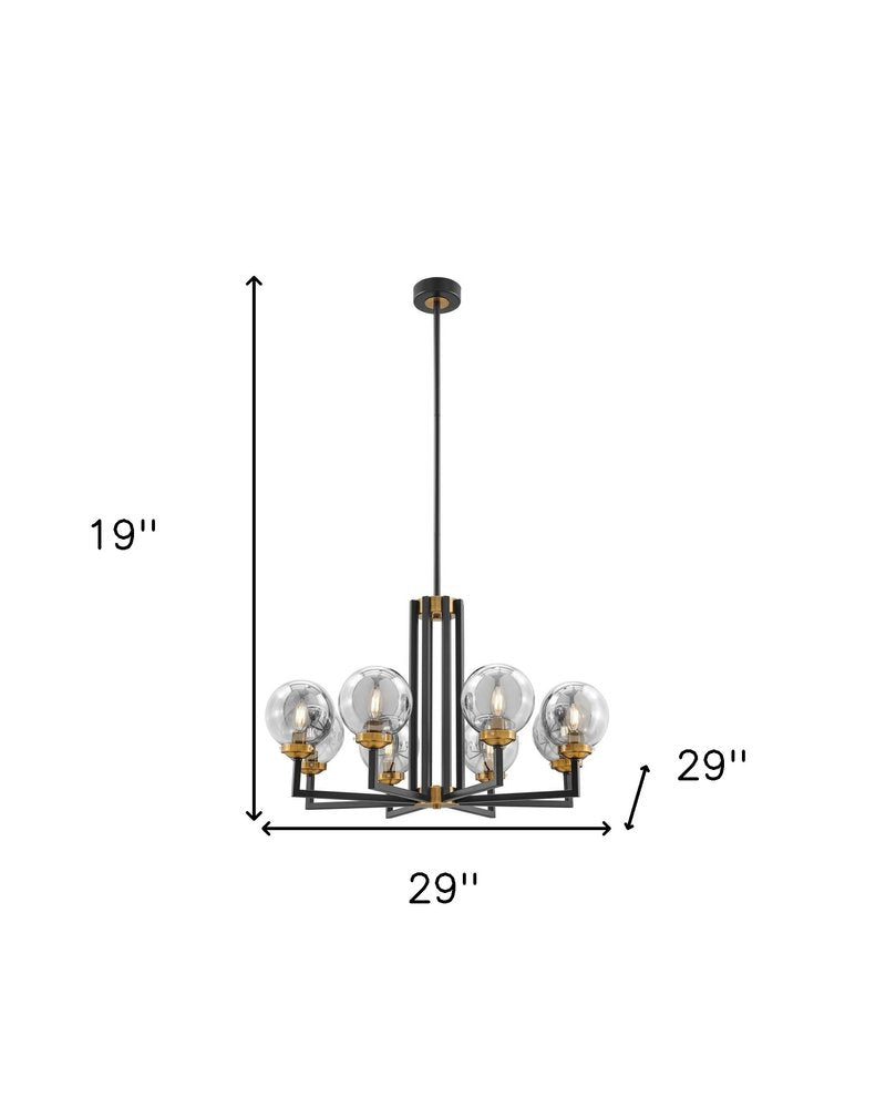 Black Gold And Clear Eight Light Transparent Metal Edison Bulb Dimmable Chandelier With Black And Gold Shades