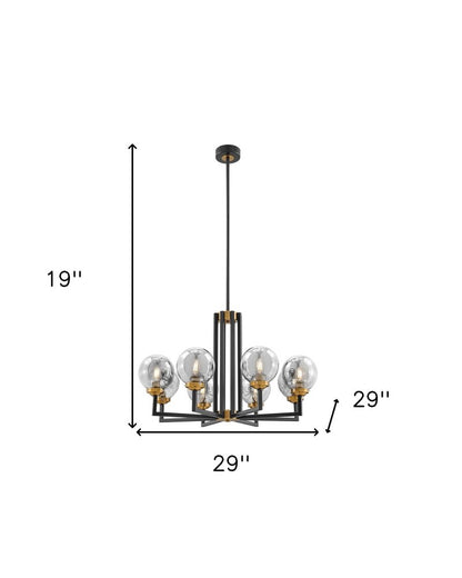 Black Gold And Clear Eight Light Transparent Metal Edison Bulb Dimmable Chandelier With Black And Gold Shades