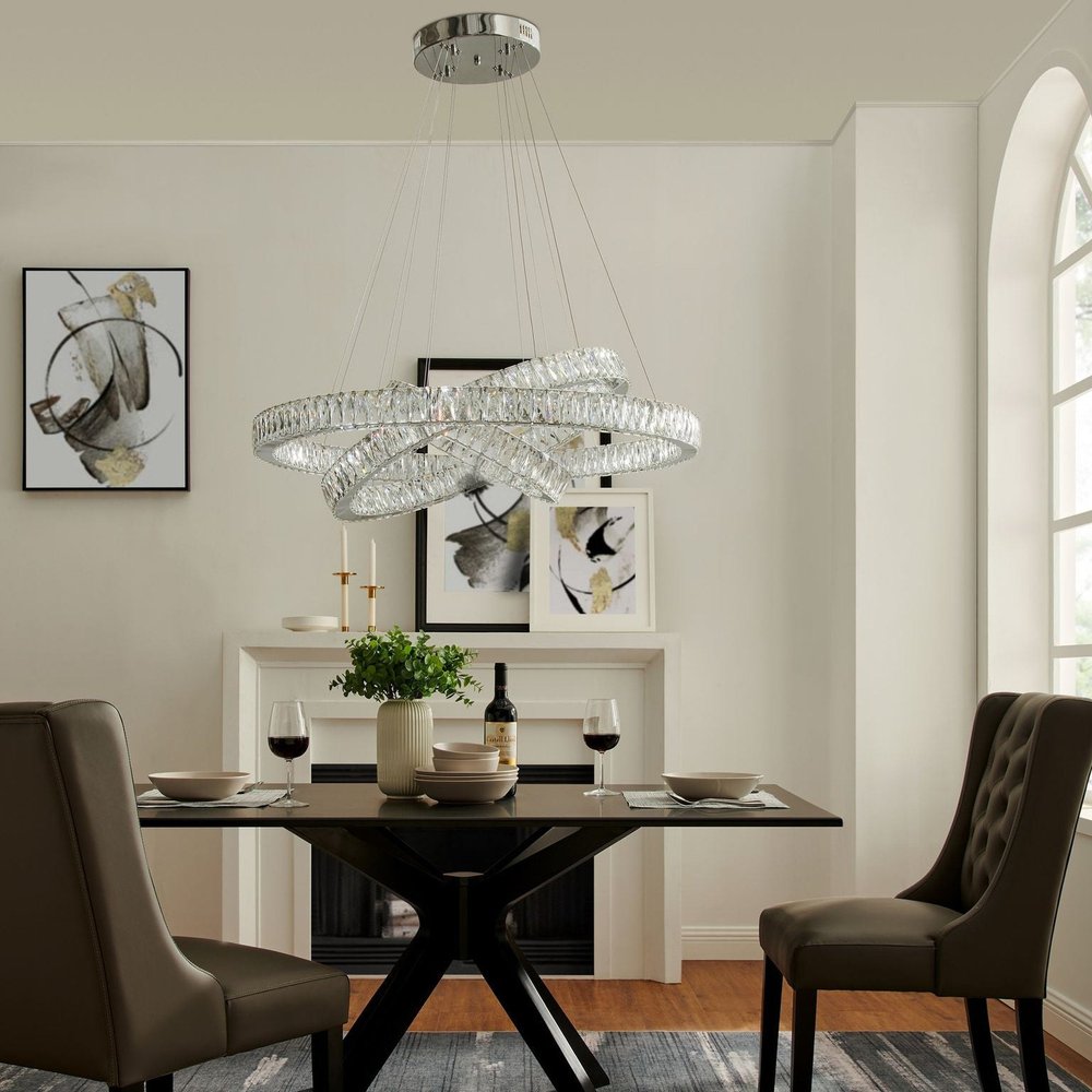 Silver And Clear Three Light Crystal LED Dimmable Chandelier