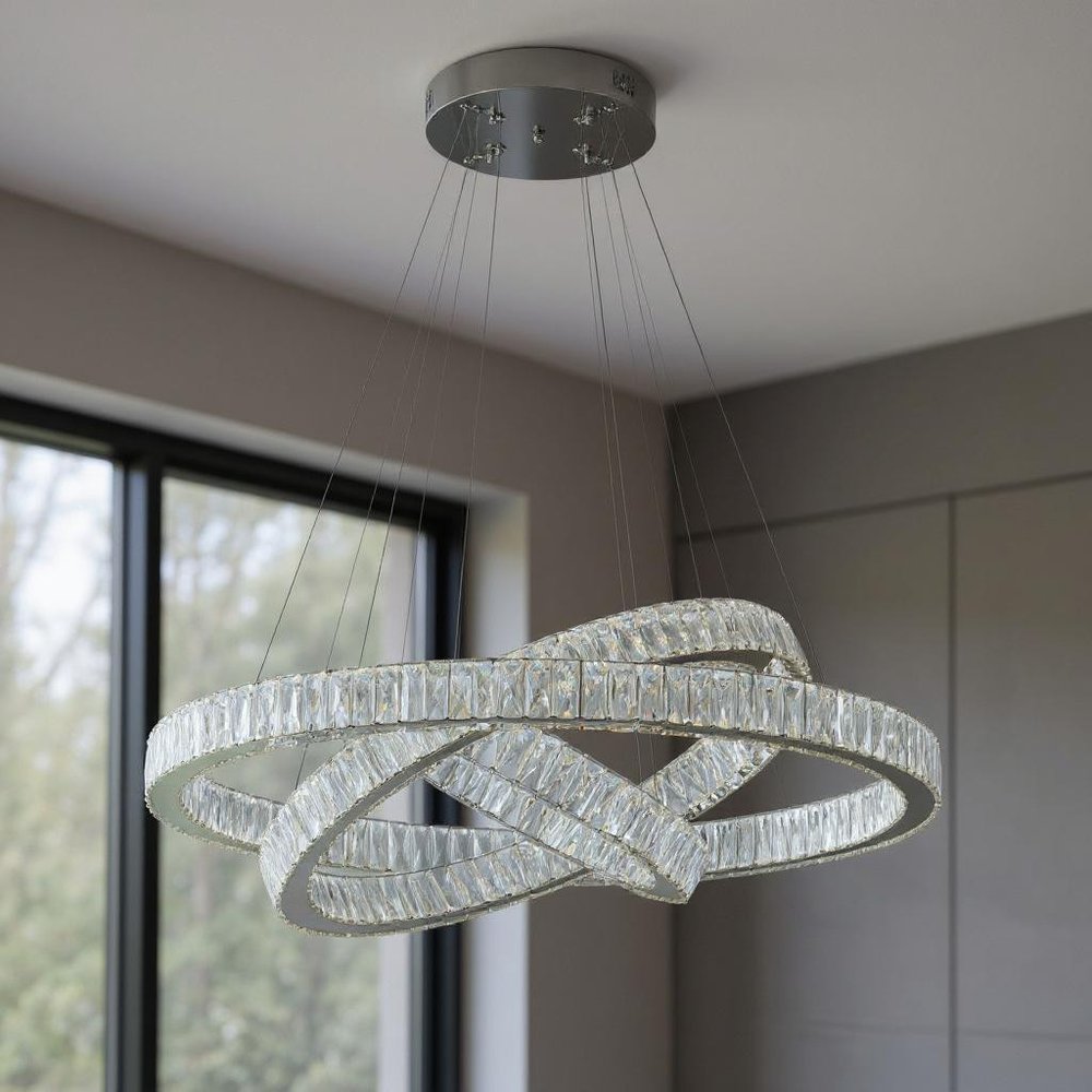 Silver And Clear Three Light Crystal LED Dimmable Chandelier