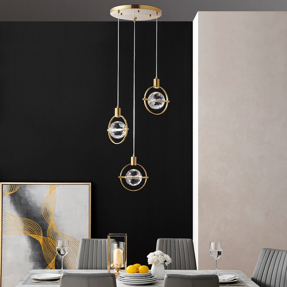 Gold And Clear Geometric Three Light Metal Dimmable Chandelier With Clear Shades
