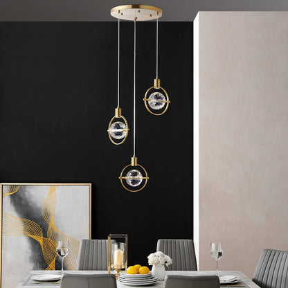 Gold And Clear Geometric Three Light Metal Dimmable Chandelier With Clear Shades