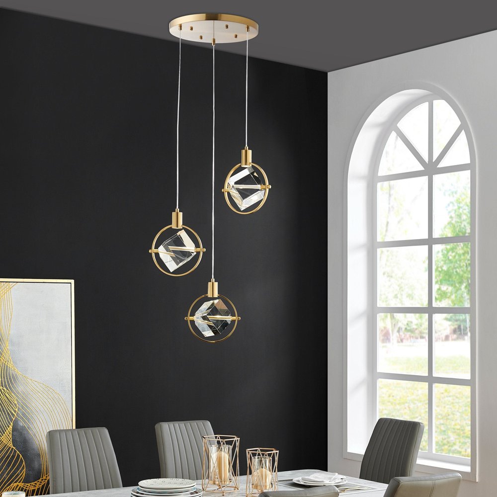 Gold And Clear Geometric Three Light Metal Dimmable Chandelier With Clear Shades
