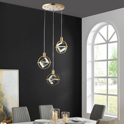 Gold And Clear Geometric Three Light Metal Dimmable Chandelier With Clear Shades