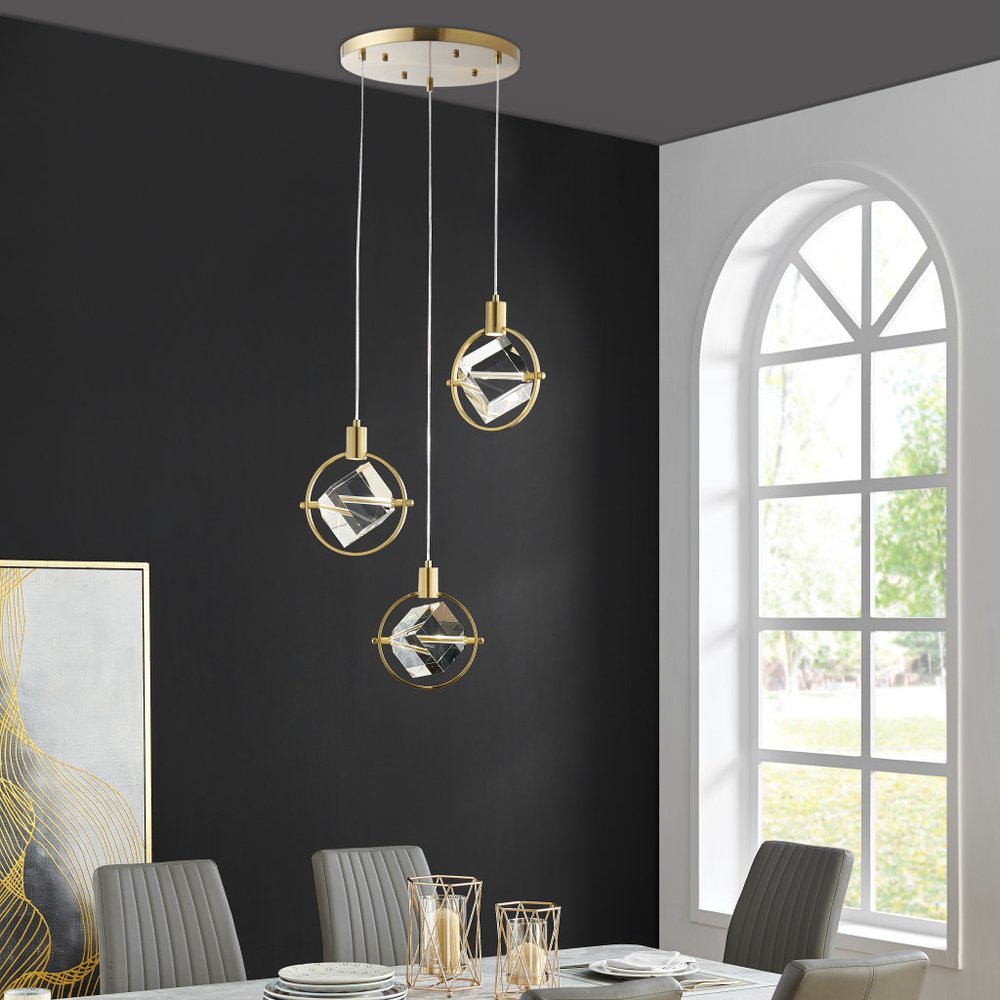 Gold And Clear Geometric Three Light Metal Dimmable Chandelier With Clear Shades