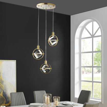 Gold And Clear Geometric Three Light Metal Dimmable Chandelier With Clear Shades