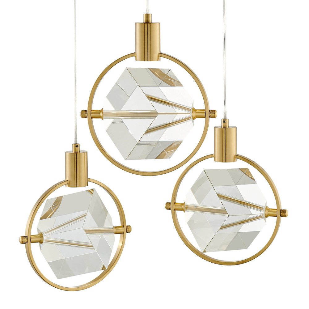 Gold And Clear Geometric Three Light Metal Dimmable Chandelier With Clear Shades