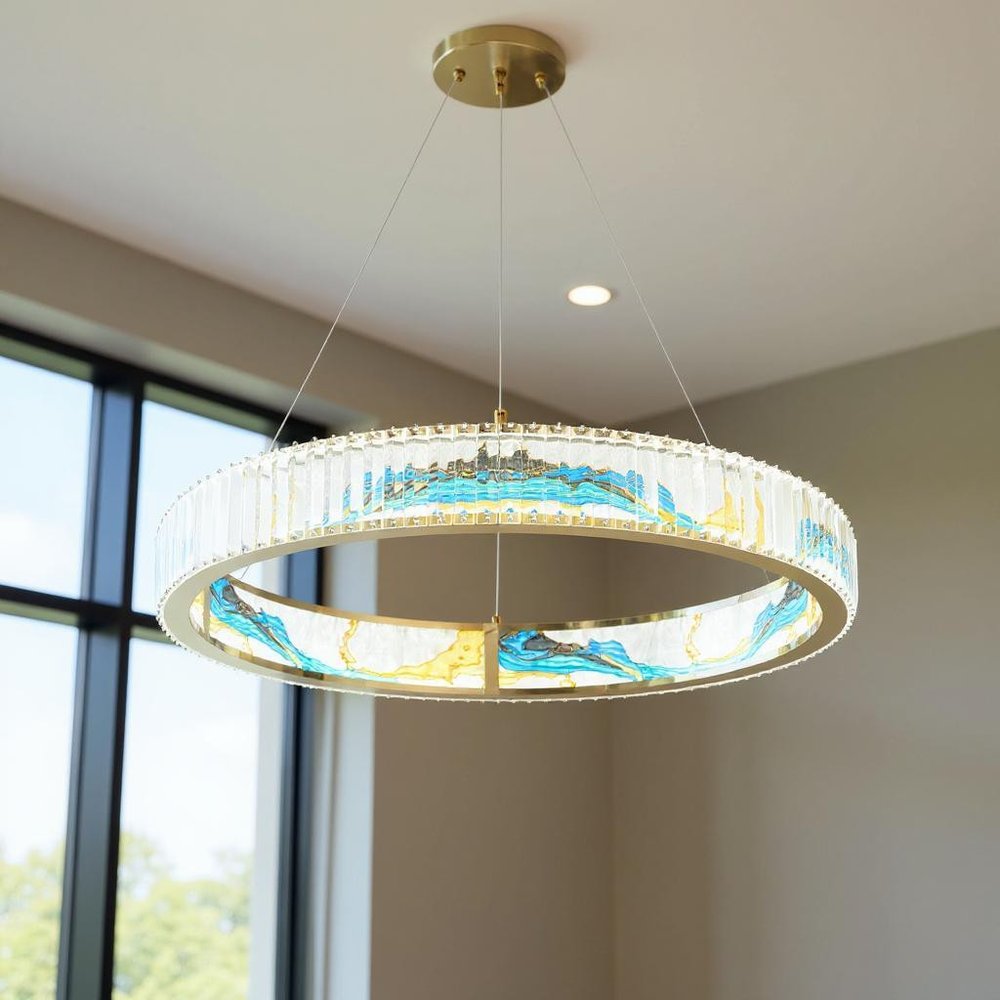 Gold Clear And Blue Geometric Crystal LED Chandelier
