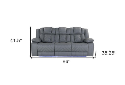 86" Light Gray Faux Leather Reclining USB Sofa