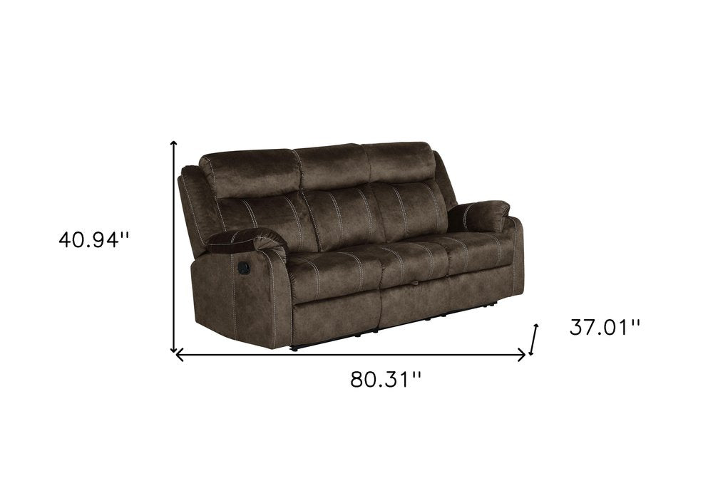 80" Dark Brown Fabric Reclining USB Sofa With Toss Pillow