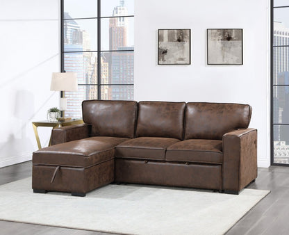 92" Dark Brown Upholstered Sleeper USB Sleeper Sofa Chaise With Toss Pillow