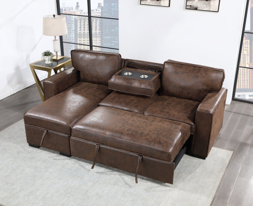 92" Dark Brown Upholstered Sleeper USB Sleeper Sofa Chaise With Toss Pillow