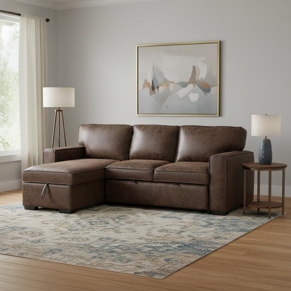 92" Dark Brown Upholstered Sleeper USB Sleeper Sofa Chaise With Toss Pillow
