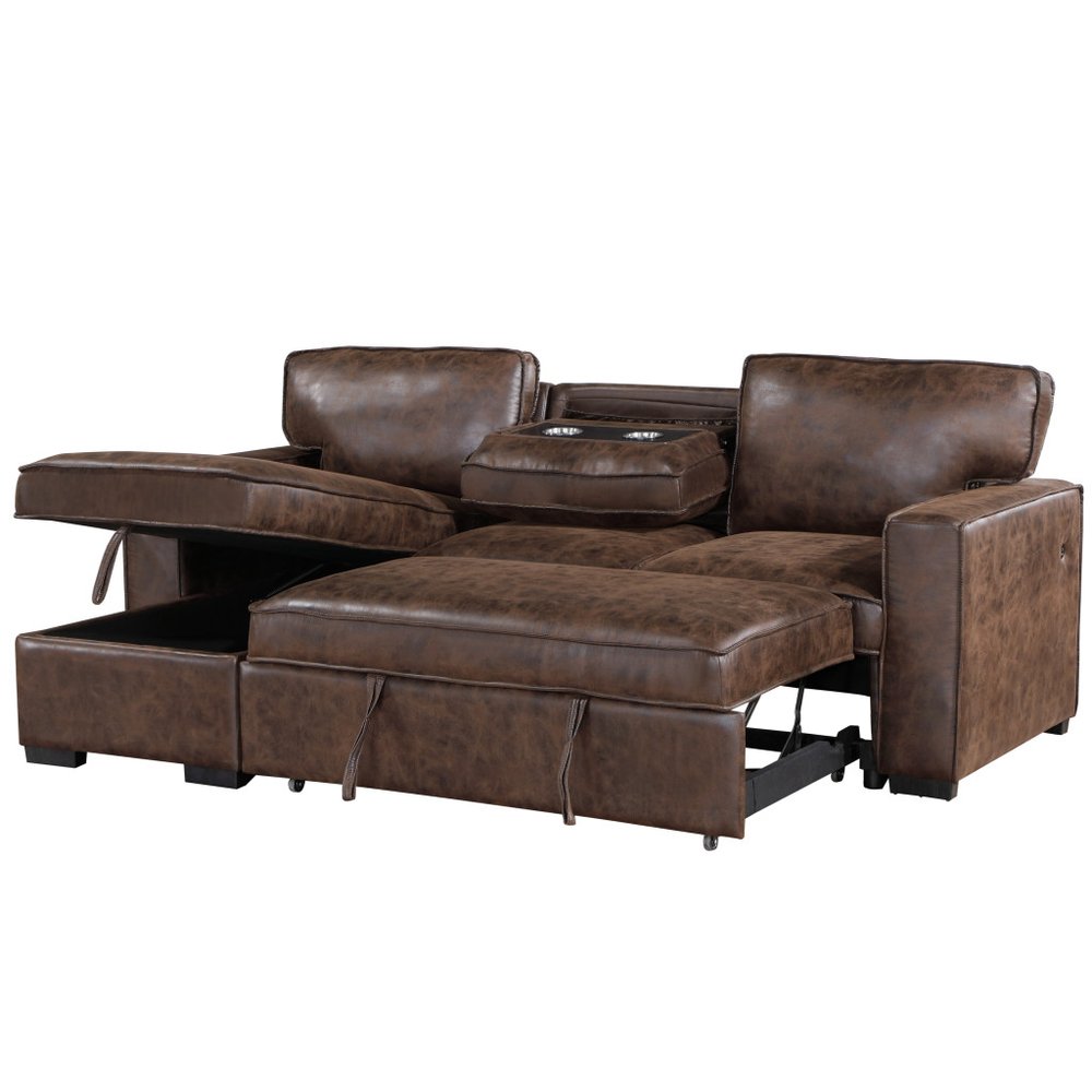 92" Dark Brown Upholstered Sleeper USB Sleeper Sofa Chaise With Toss Pillow