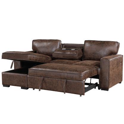 92" Dark Brown Upholstered Sleeper USB Sleeper Sofa Chaise With Toss Pillow