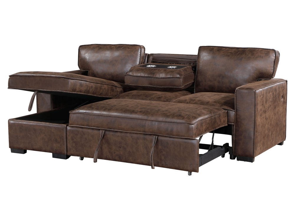 92" Dark Brown Upholstered Sleeper USB Sleeper Sofa Chaise With Toss Pillow