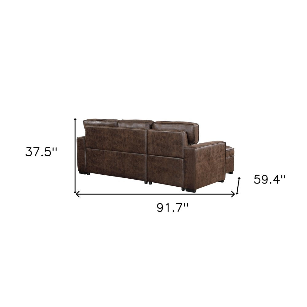92" Dark Brown Upholstered Sleeper USB Sleeper Sofa Chaise With Toss Pillow