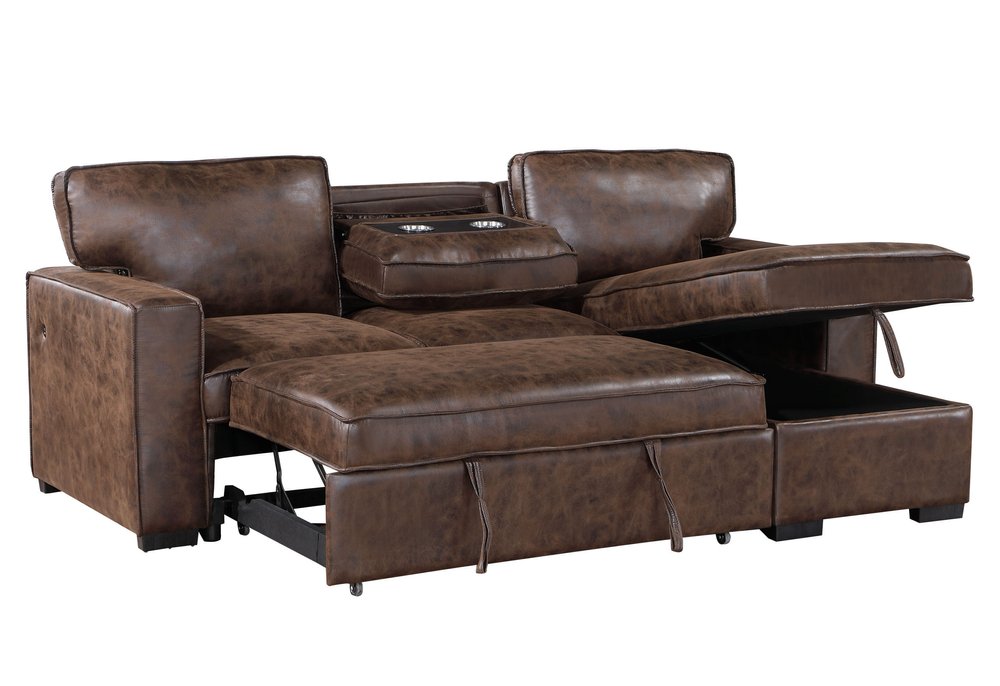 92" Dark Brown Upholstered Sleeper USB Sleeper Sofa Chaise With Toss Pillow