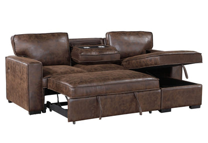 92" Dark Brown Upholstered Sleeper USB Sleeper Sofa Chaise With Toss Pillow