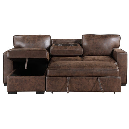 92" Dark Brown Upholstered Sleeper USB Sleeper Sofa Chaise With Toss Pillow