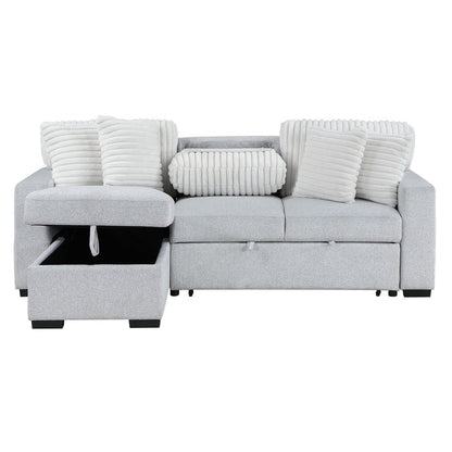 92" Gray And White Fabric Sleeper USB Sleeper Sofa With Toss Pillow