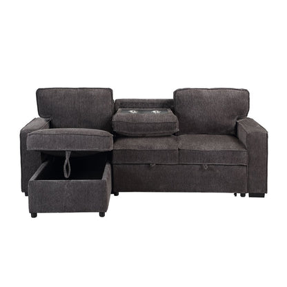 92" Dark Gray Upholstered Sleeper USB Sleeper Sofa With Toss Pillow
