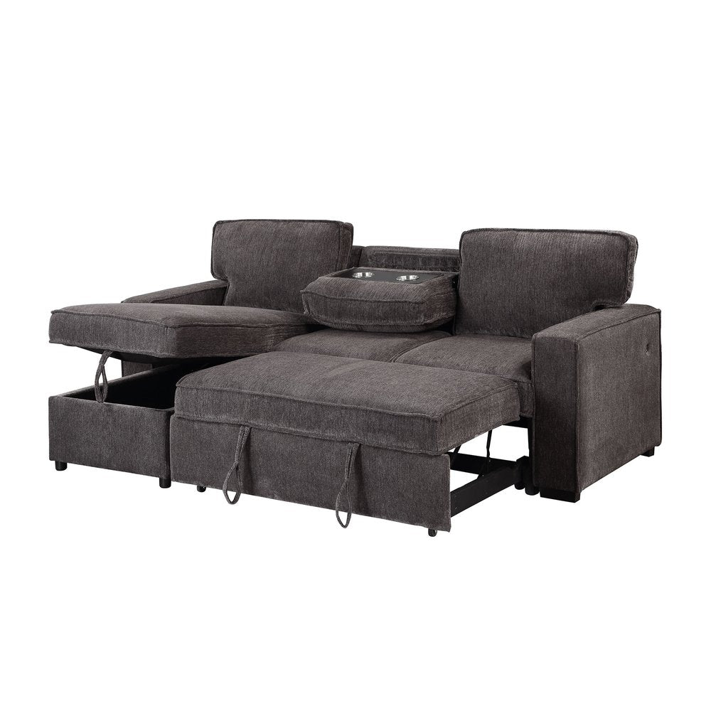 92" Dark Gray Upholstered Sleeper USB Sleeper Sofa With Toss Pillow