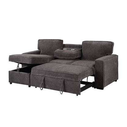 92" Dark Gray Upholstered Sleeper USB Sleeper Sofa With Toss Pillow