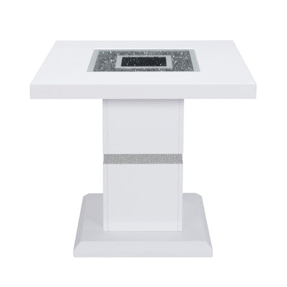 24" White and Silver Glass and Wood Faux Crystal Bling Square Pedestal End Table