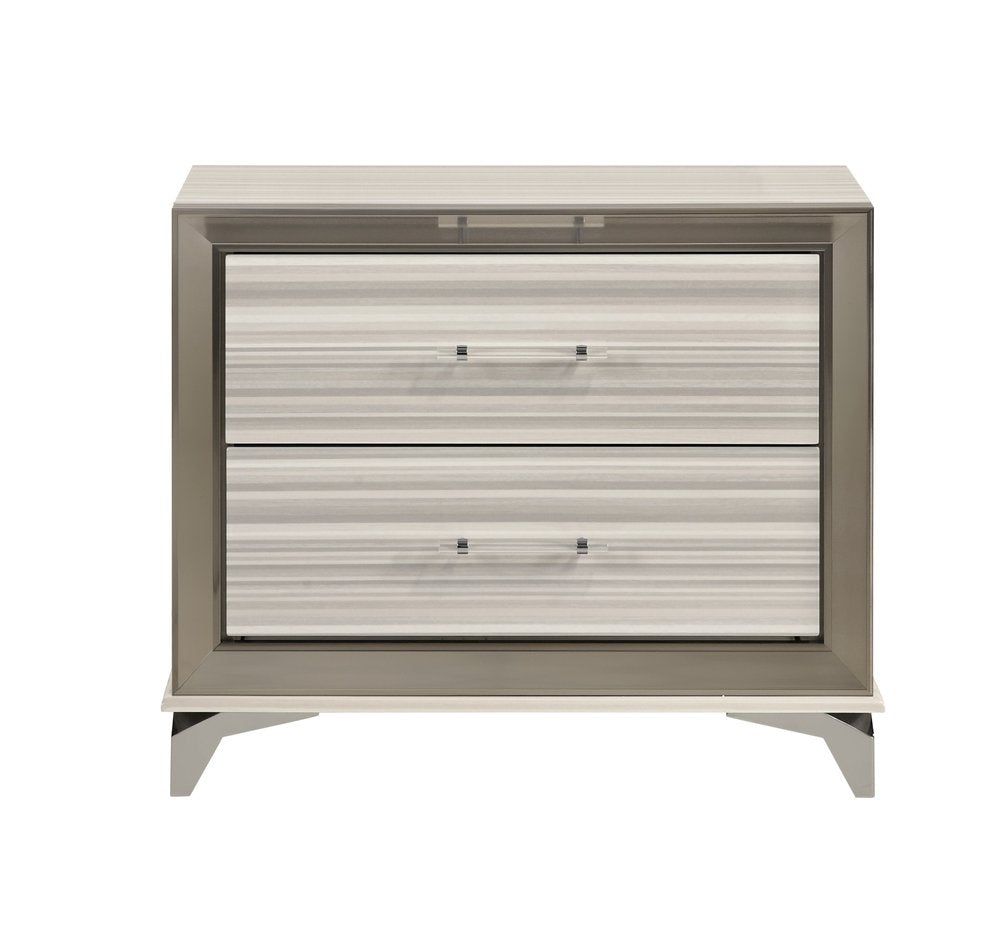 25" Silver And White Wood Lighted Two Drawer Nightstand