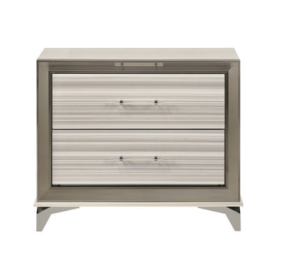 25" Silver And White Wood Lighted Two Drawer Nightstand