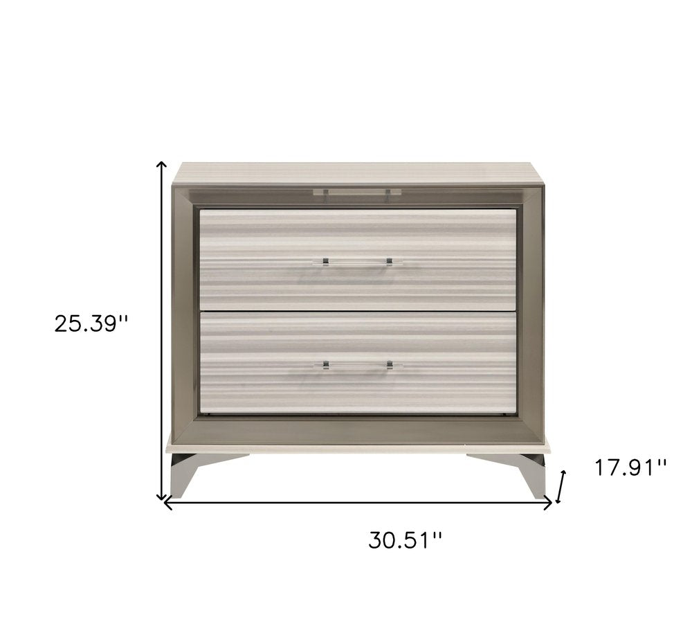 25" Silver And White Wood Lighted Two Drawer Nightstand