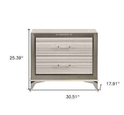 25" Silver And White Wood Lighted Two Drawer Nightstand