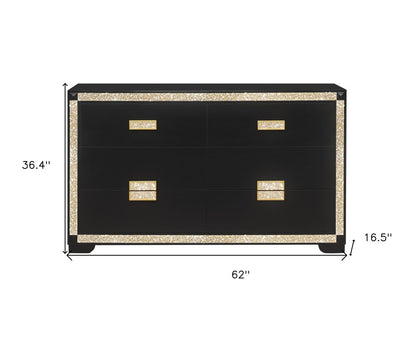 62" Black And Gold Faux Crystal Bling Wood Six Drawer Double Dresser