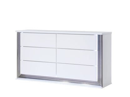 61" White Wood Lighted Six Drawer Double Dresser