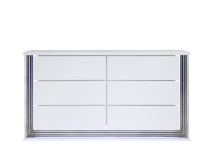 61" White Wood Lighted Six Drawer Double Dresser
