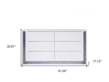 61" White Wood Lighted Six Drawer Double Dresser