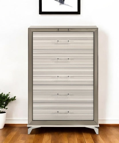 53" Beige And White Wood Lighted Five Drawer Dresser