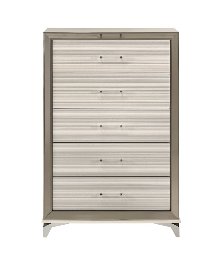 53" Beige And White Wood Lighted Five Drawer Dresser