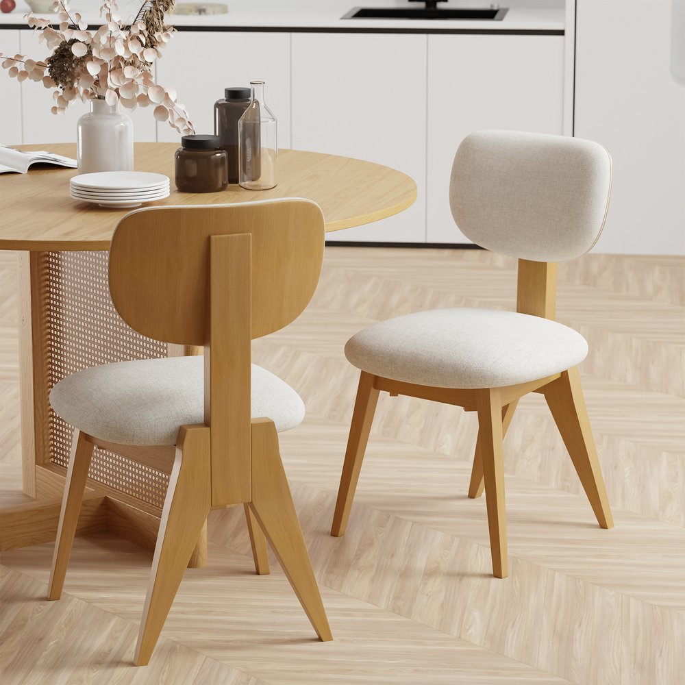 Set of Two Beige and Natural Fabric Dining Side Chairs