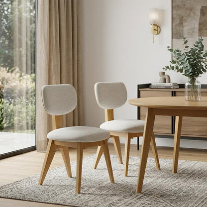 Set of Two Beige and Natural Fabric Dining Side Chairs