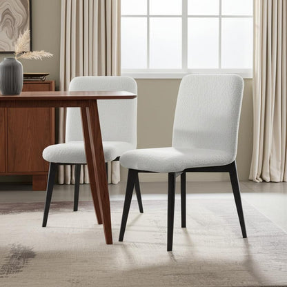 Set of Two White and Black Upholstered Boucle Dining Side Chairs