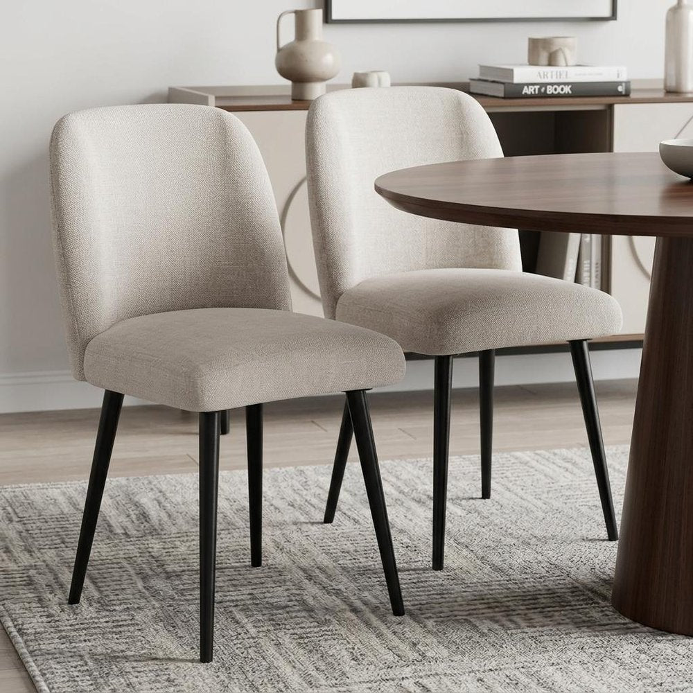 Set of Two Beige And Black Upholstered Fabric Dining Side Chairs