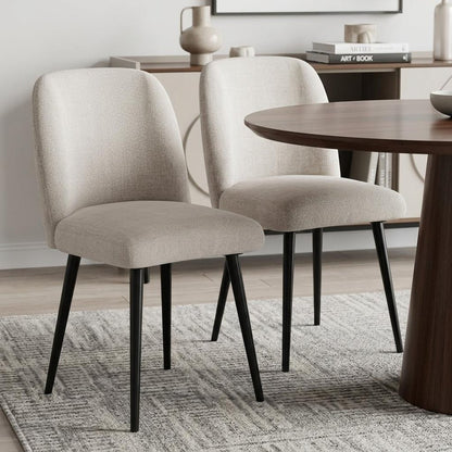 Set of Two Beige And Black Upholstered Fabric Dining Side Chairs