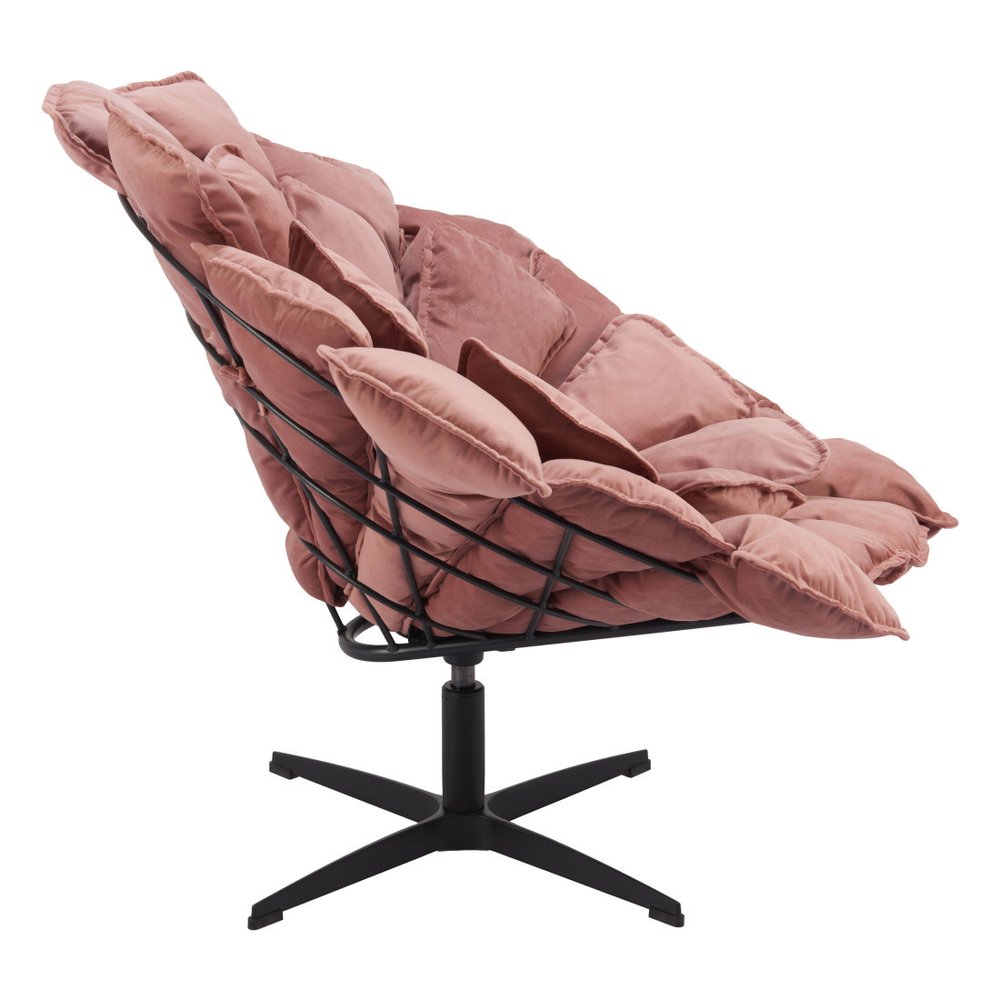 42" Pink And Black Velvet And Upholstered Swivel Side Chair