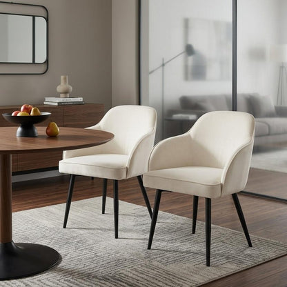 Set of Two Ivory and Black Velvet Dining Arm Chairs